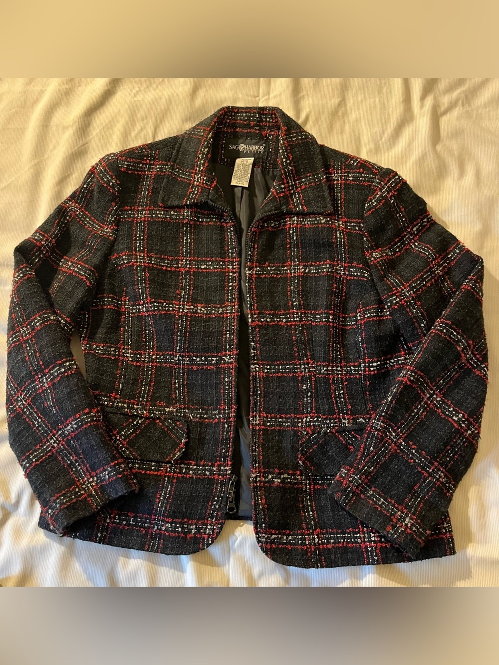 Sag Harbor Navy Blue and Red Plaid Zip Jacket Blazer 90’s Preppy